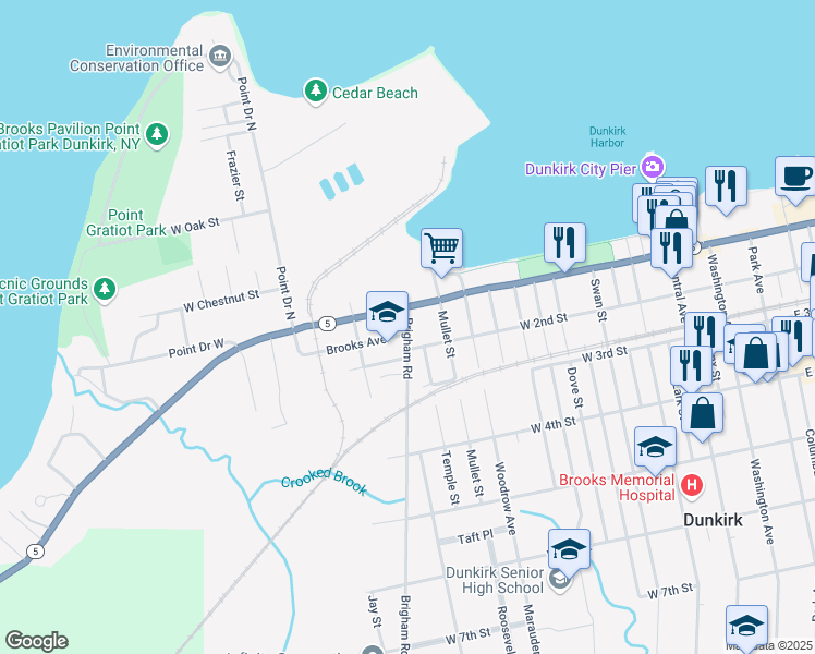 map of restaurants, bars, coffee shops, grocery stores, and more near 117 Brigham Road in Dunkirk