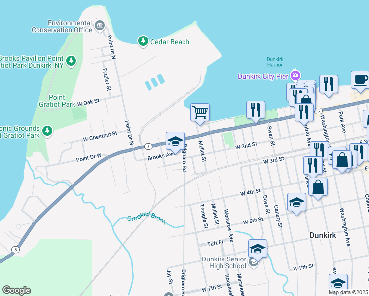 map of restaurants, bars, coffee shops, grocery stores, and more near 117 Brigham Road in Dunkirk