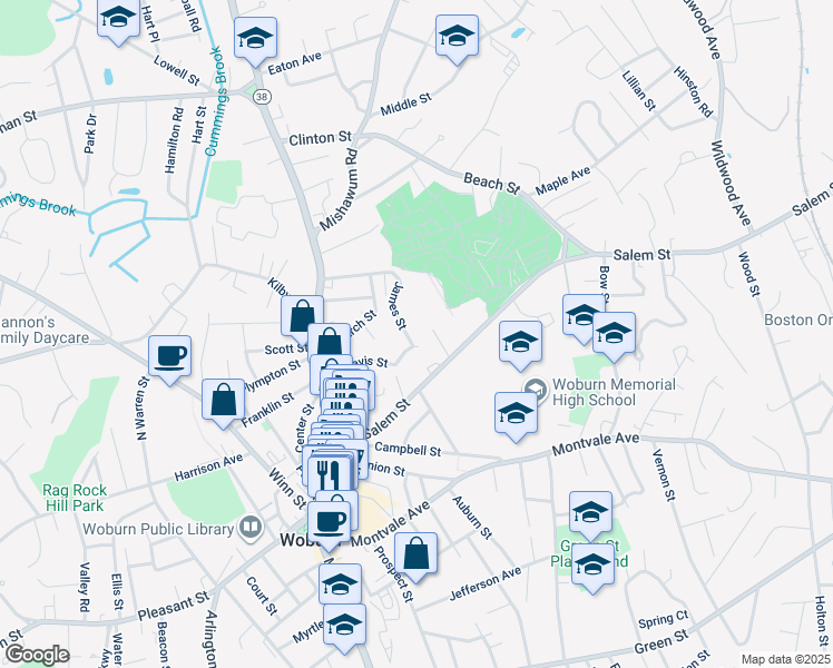 map of restaurants, bars, coffee shops, grocery stores, and more near 35 Davis Street in Woburn