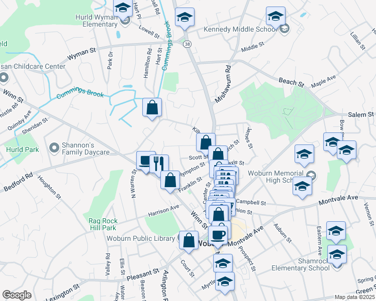 map of restaurants, bars, coffee shops, grocery stores, and more near 16 Scott Street in Woburn