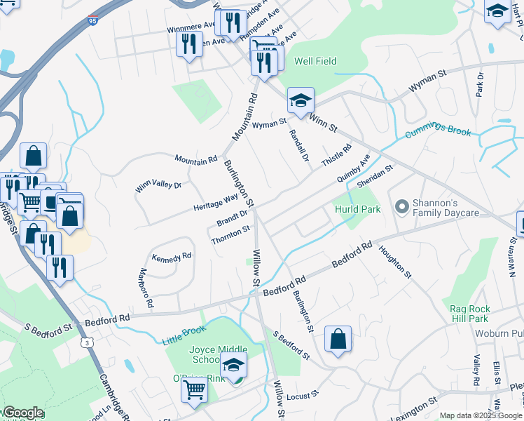 map of restaurants, bars, coffee shops, grocery stores, and more near 3 Quimby Avenue in Woburn