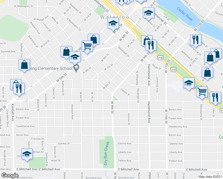 map of restaurants, bars, coffee shops, grocery stores, and more near 1102 West 9th Street in Waterloo