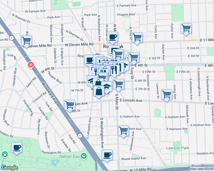 map of restaurants, bars, coffee shops, grocery stores, and more near 612 South Center Street in Royal Oak