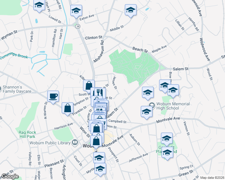 map of restaurants, bars, coffee shops, grocery stores, and more near 18 Davis Street in Woburn