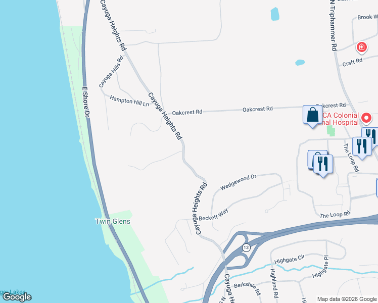 map of restaurants, bars, coffee shops, grocery stores, and more near 896 Cayuga Heights Rd in Ithaca