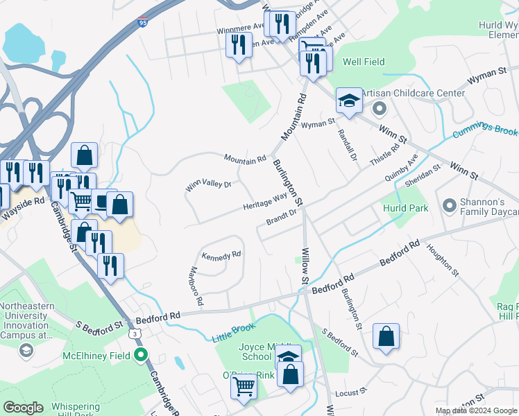 map of restaurants, bars, coffee shops, grocery stores, and more near 7 Heritage Way in Burlington