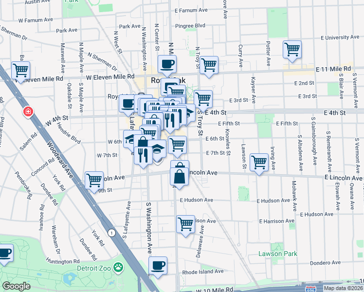 map of restaurants, bars, coffee shops, grocery stores, and more near 116 East 7th Street in Royal Oak