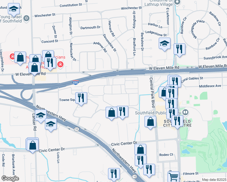 map of restaurants, bars, coffee shops, grocery stores, and more near 20744 Knob Woods Drive in Southfield