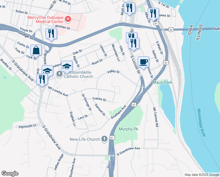 map of restaurants, bars, coffee shops, grocery stores, and more near 915 Tressa Street in Dubuque