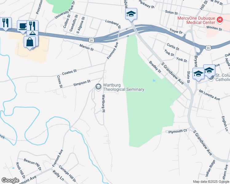 map of restaurants, bars, coffee shops, grocery stores, and more near 1830 Links Glen Drive in Dubuque