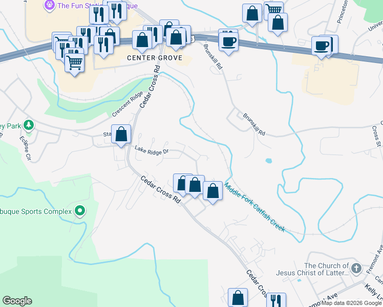 map of restaurants, bars, coffee shops, grocery stores, and more near 3214 Lake Ridge Drive in Dubuque