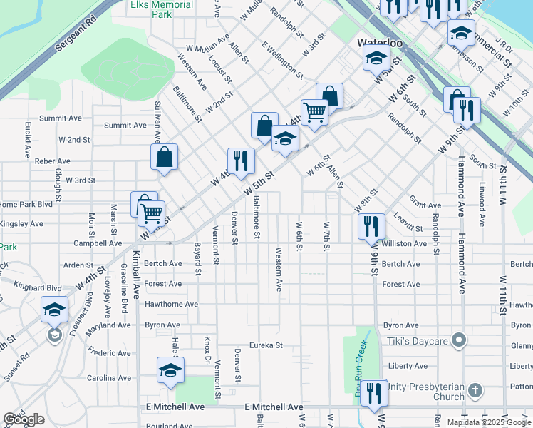 map of restaurants, bars, coffee shops, grocery stores, and more near 820 Western Avenue in Waterloo