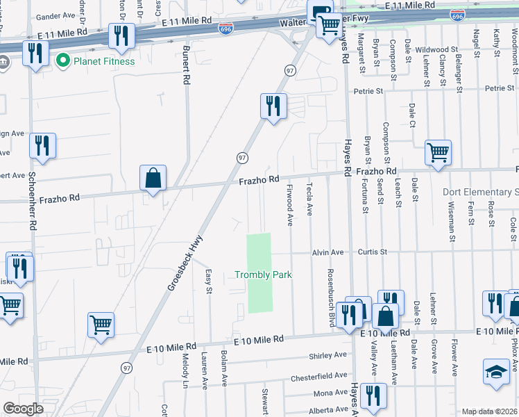 map of restaurants, bars, coffee shops, grocery stores, and more near 25658 Lira Lane in Warren