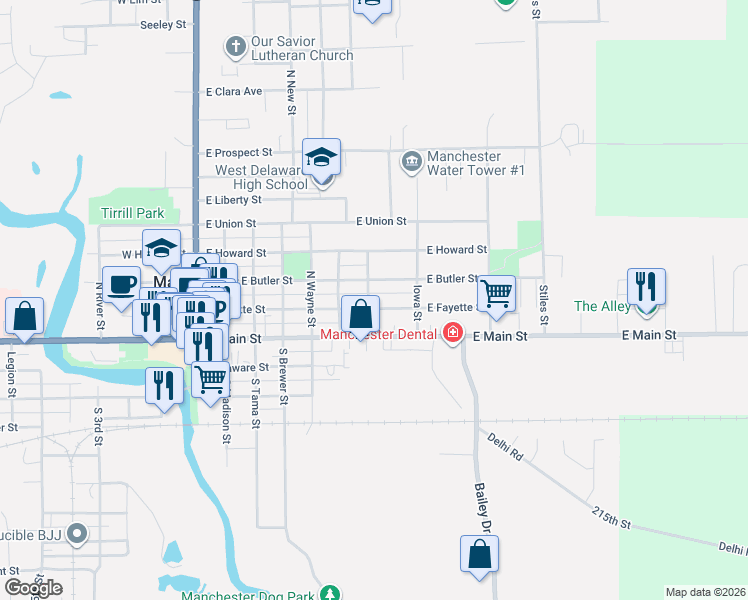 map of restaurants, bars, coffee shops, grocery stores, and more near North Reynolds Street in Manchester