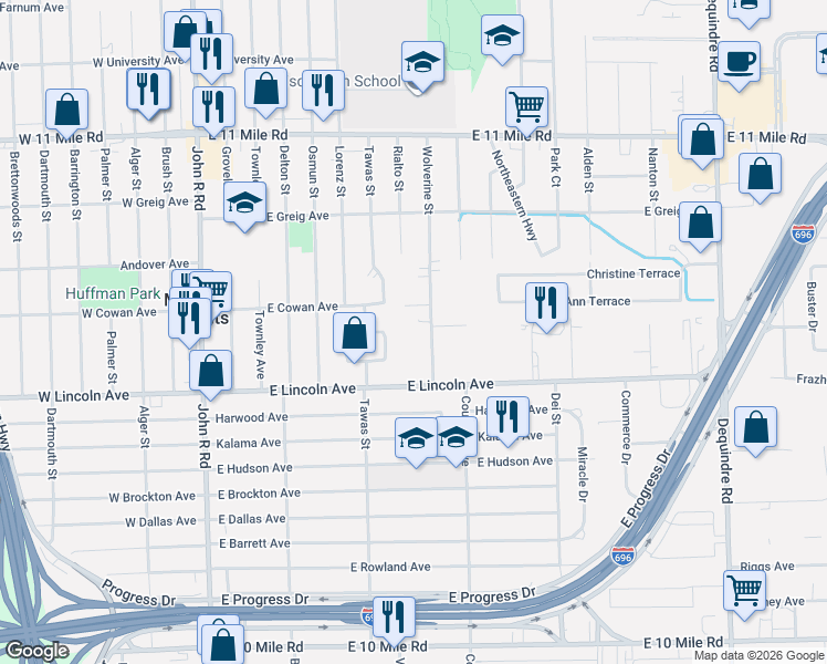 map of restaurants, bars, coffee shops, grocery stores, and more near 26094 Tawas Street in Madison Heights