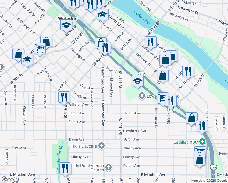 map of restaurants, bars, coffee shops, grocery stores, and more near 736 West 11th Street in Waterloo