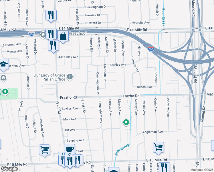 map of restaurants, bars, coffee shops, grocery stores, and more near 4661 Frazho Road in Warren