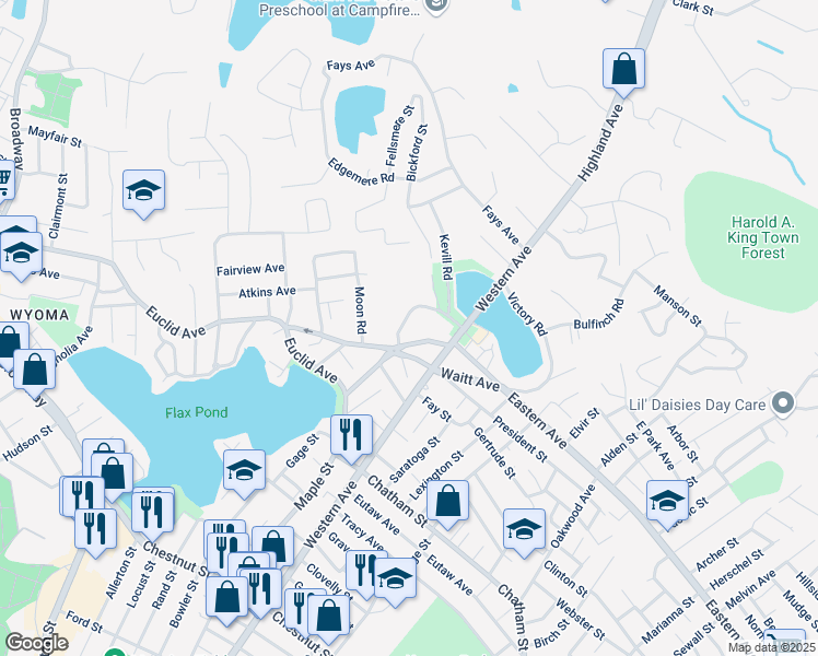 map of restaurants, bars, coffee shops, grocery stores, and more near 28 Linton Road in Lynn