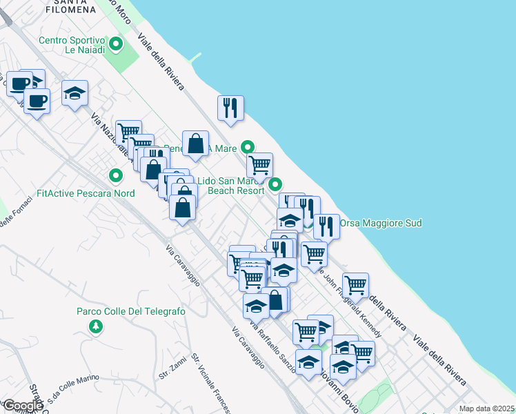 map of restaurants, bars, coffee shops, grocery stores, and more near 281 Viale Riviera Nord in Pescara