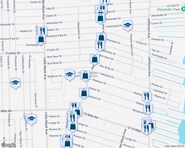 map of restaurants, bars, coffee shops, grocery stores, and more near 26110 Harper in St. Clair Shores