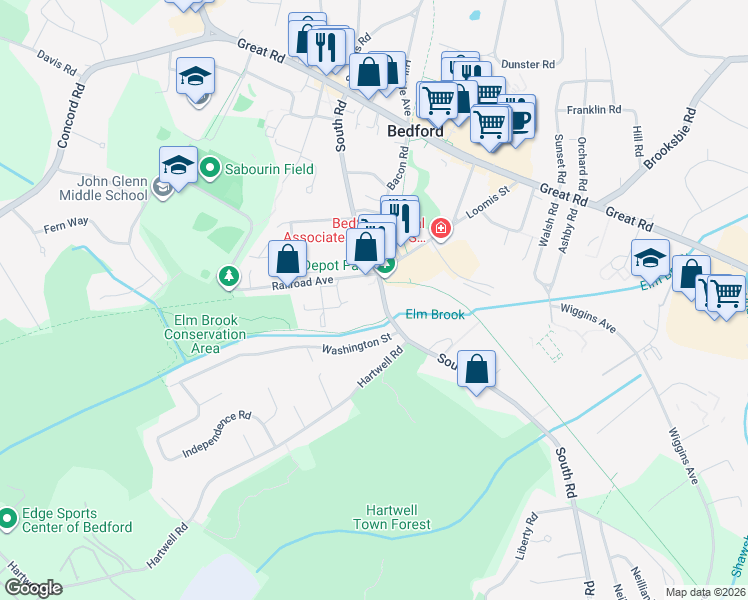 map of restaurants, bars, coffee shops, grocery stores, and more near 4 Railroad Avenue in Bedford