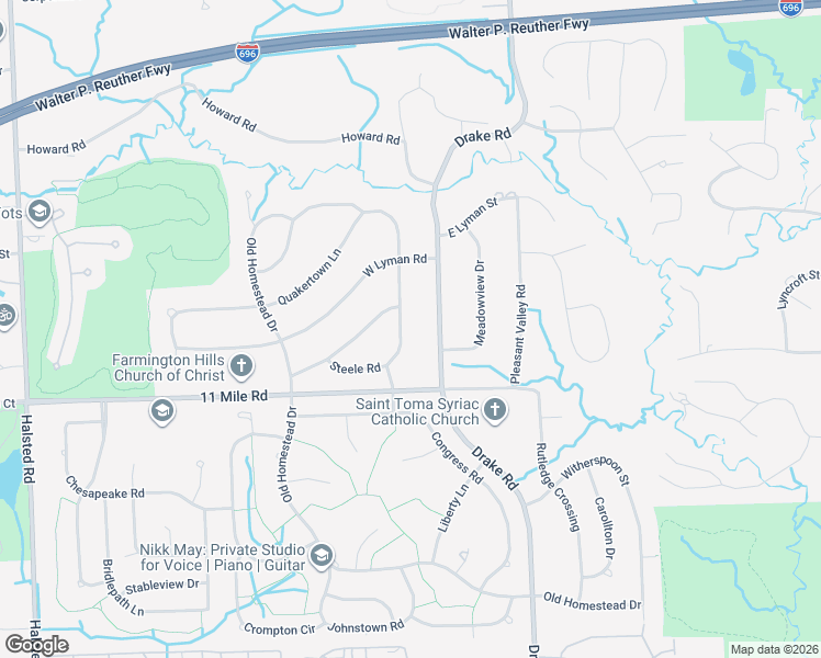 map of restaurants, bars, coffee shops, grocery stores, and more near 26198 Steele Road in Farmington Hills