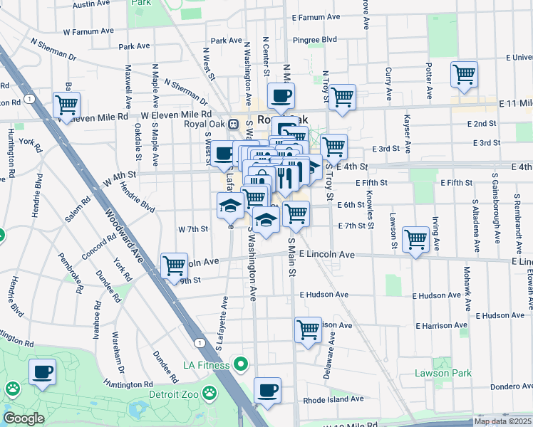 map of restaurants, bars, coffee shops, grocery stores, and more near 150W 6th Street in Royal Oak