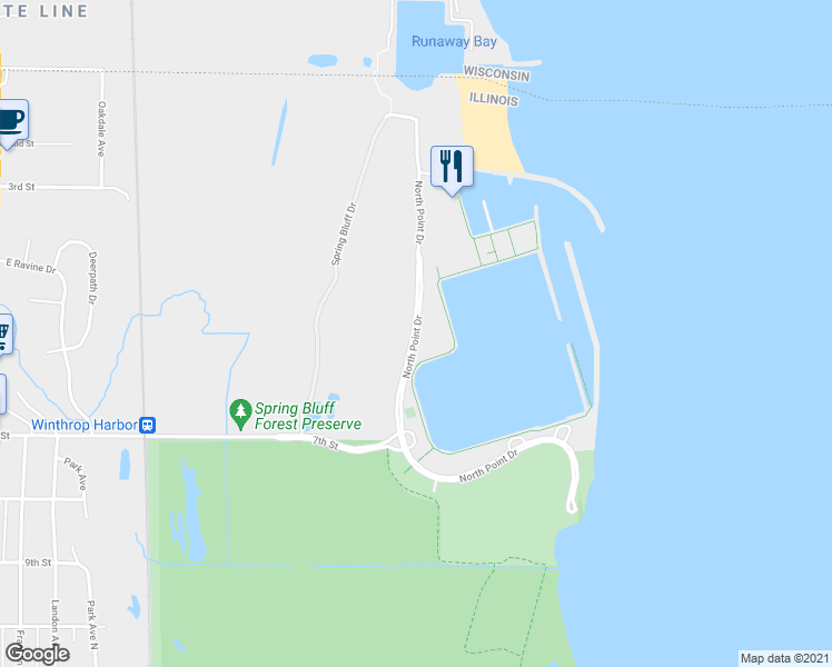 map of restaurants, bars, coffee shops, grocery stores, and more near North Point Dr in Winthrop Harbor