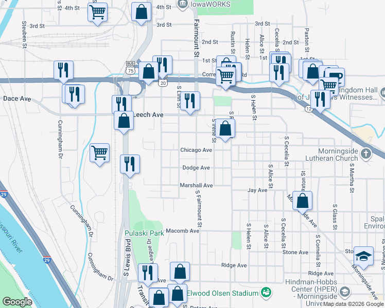 map of restaurants, bars, coffee shops, grocery stores, and more near 519 South Fairmount Street in Sioux City