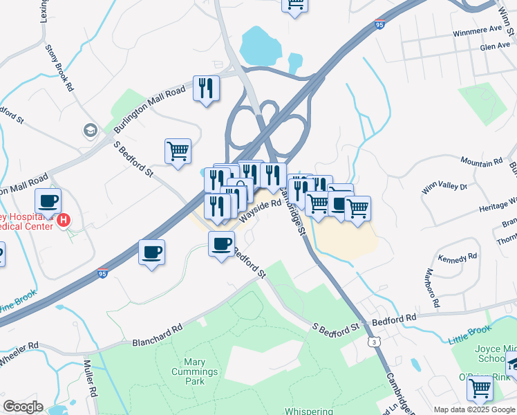 map of restaurants, bars, coffee shops, grocery stores, and more near 15 Wayside Road in Burlington