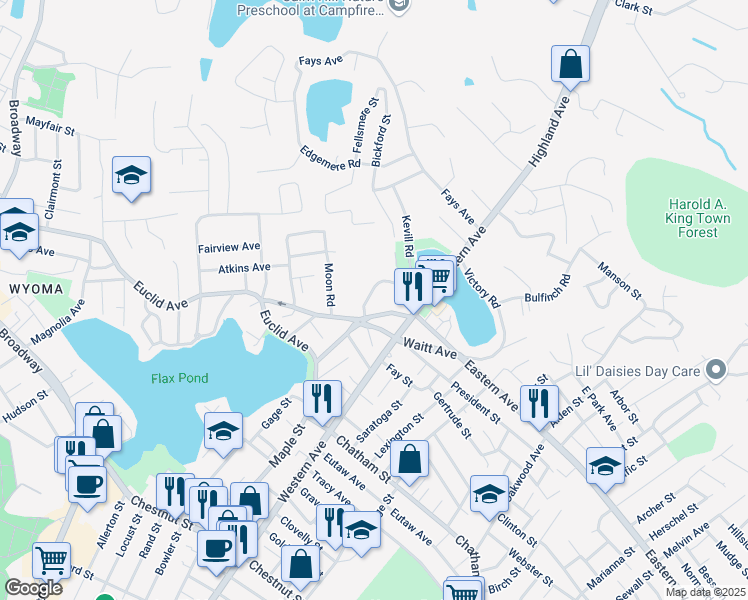 map of restaurants, bars, coffee shops, grocery stores, and more near 28 Linton Road in Lynn