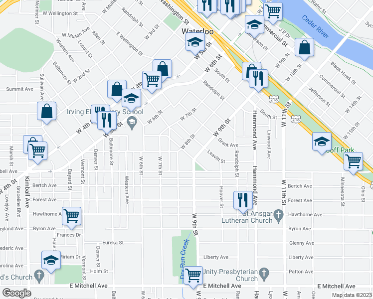 map of restaurants, bars, coffee shops, grocery stores, and more near 1008 Leavitt Street in Waterloo