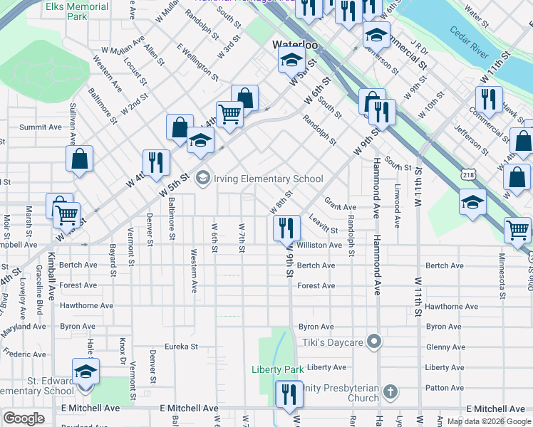 map of restaurants, bars, coffee shops, grocery stores, and more near 1024 West 8th Street in Waterloo