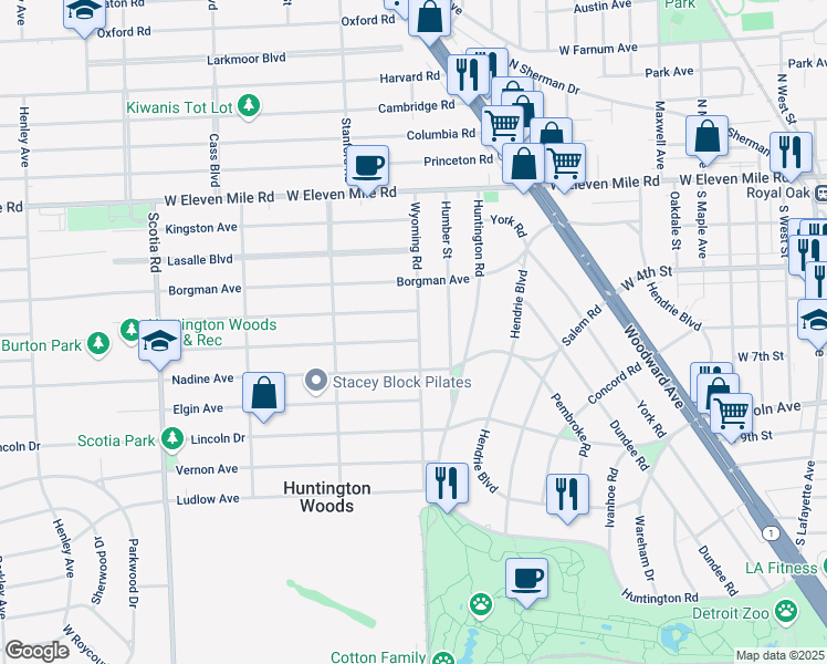 map of restaurants, bars, coffee shops, grocery stores, and more near 26500 Wyoming Road in Huntington Woods
