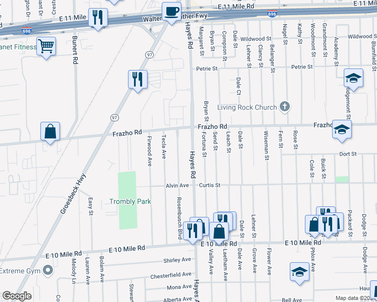 map of restaurants, bars, coffee shops, grocery stores, and more near 25825 Hayes Road in Warren
