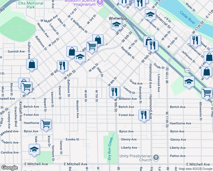 map of restaurants, bars, coffee shops, grocery stores, and more near 1104 West 8th Street in Waterloo