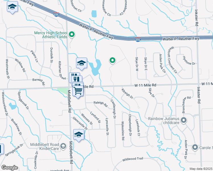 map of restaurants, bars, coffee shops, grocery stores, and more near 28800 West 11 Mile Road in Farmington Hills