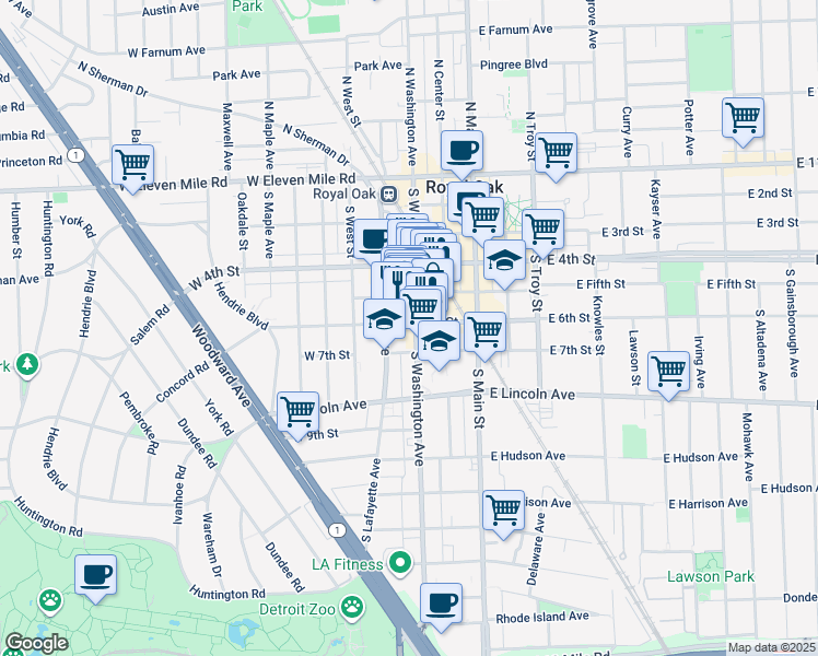 map of restaurants, bars, coffee shops, grocery stores, and more near 511 South Washington Avenue in Royal Oak