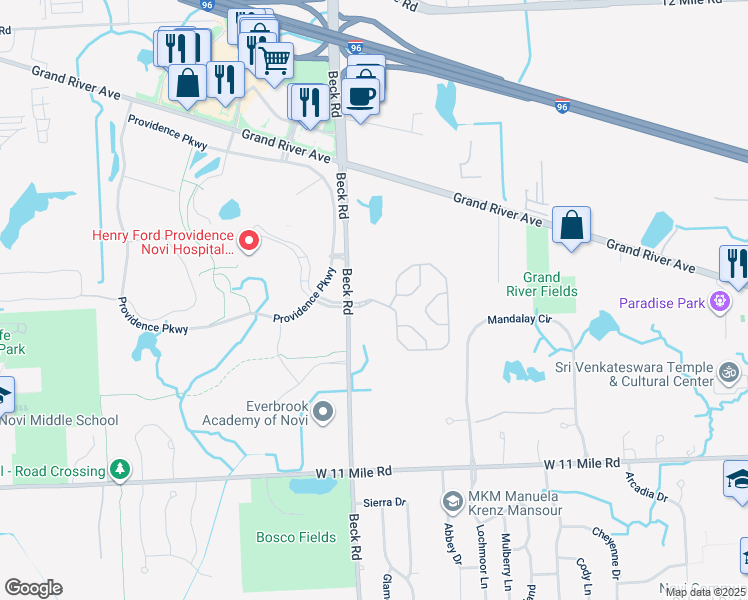 map of restaurants, bars, coffee shops, grocery stores, and more near 46995 Manhattan Circle in Novi