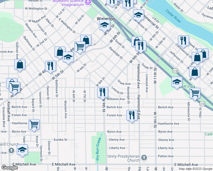 map of restaurants, bars, coffee shops, grocery stores, and more near 1008 Leavitt Street in Waterloo