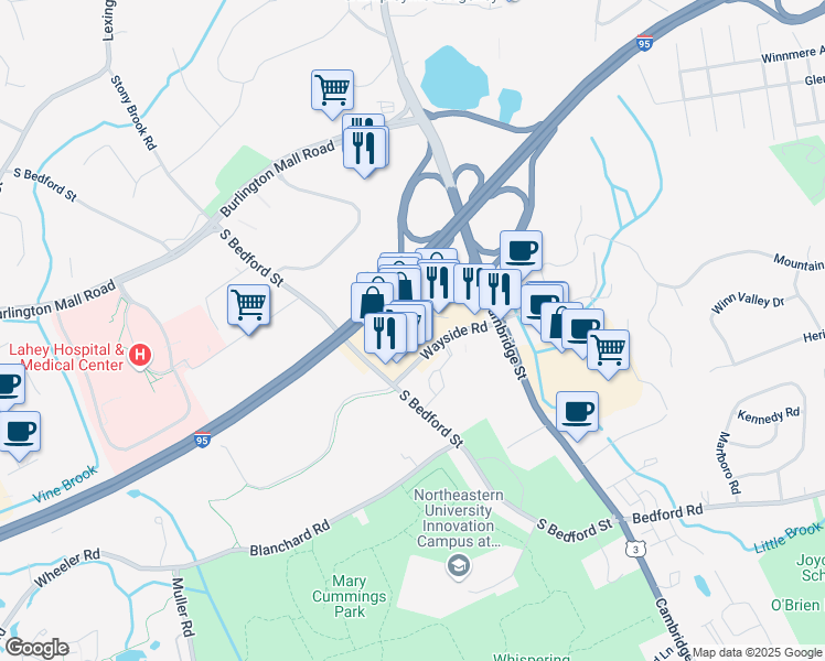 map of restaurants, bars, coffee shops, grocery stores, and more near Wayside Road in Burlington