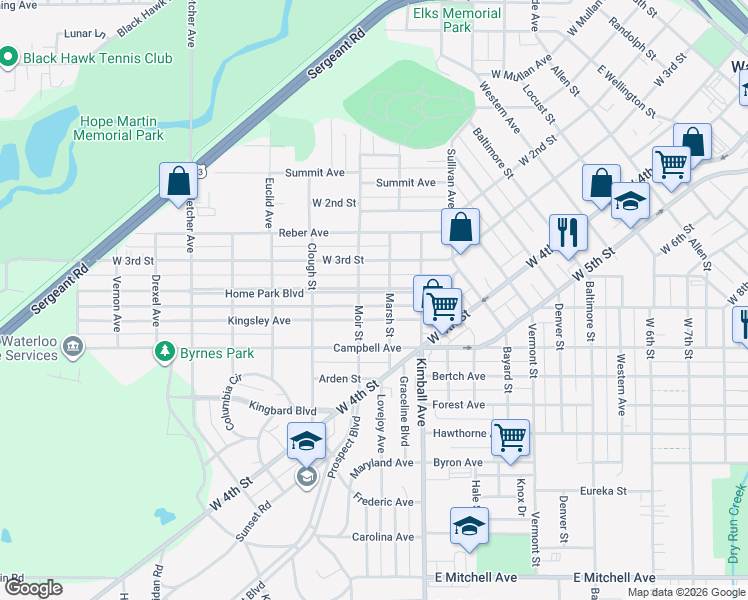 map of restaurants, bars, coffee shops, grocery stores, and more near 316 Home Park Boulevard in Waterloo
