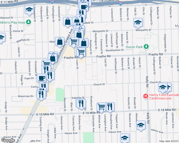 map of restaurants, bars, coffee shops, grocery stores, and more near 25882 Jeanette Street in Roseville