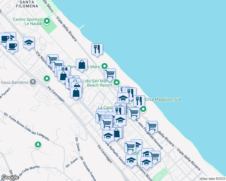 map of restaurants, bars, coffee shops, grocery stores, and more near 281 Viale Riviera Nord in Pescara