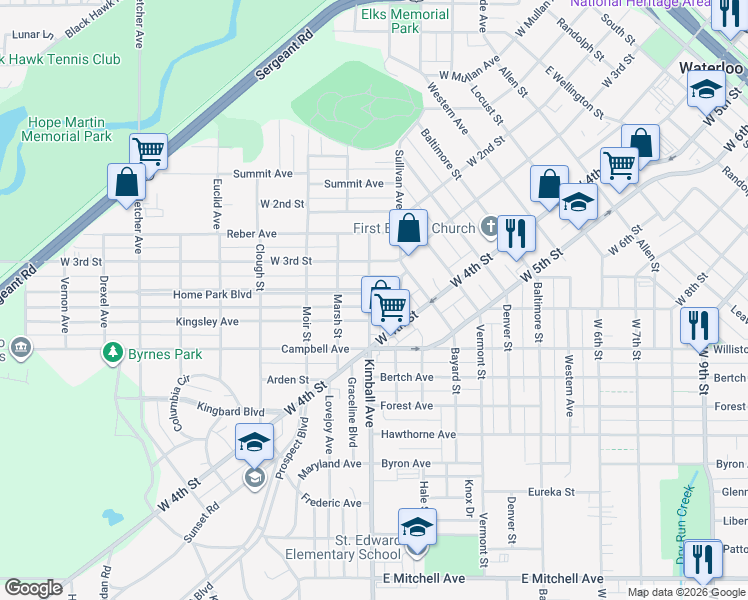 map of restaurants, bars, coffee shops, grocery stores, and more near 125 Home Park Boulevard in Waterloo