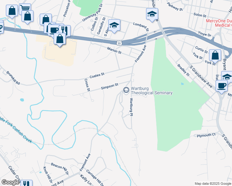map of restaurants, bars, coffee shops, grocery stores, and more near 2084 Simpson Street in Dubuque
