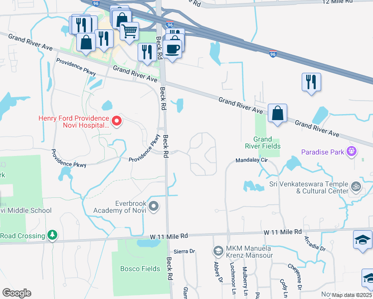 map of restaurants, bars, coffee shops, grocery stores, and more near 47167 Manhattan Circle in Novi