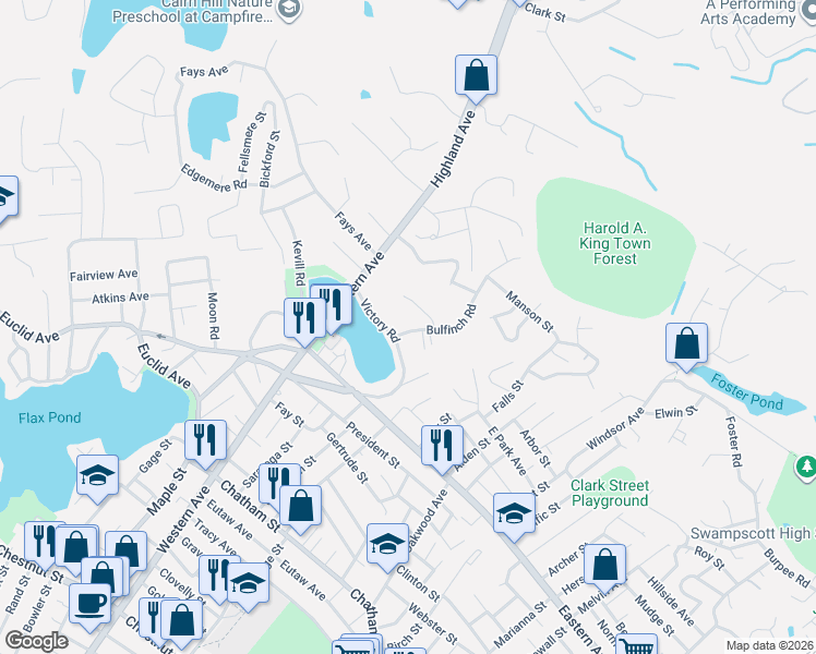 map of restaurants, bars, coffee shops, grocery stores, and more near 6 Bulfinch Road in Lynn