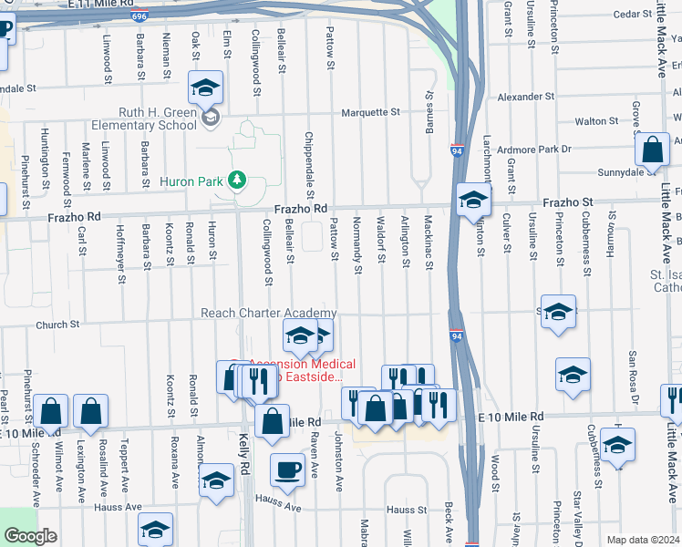 map of restaurants, bars, coffee shops, grocery stores, and more near 25664 Pattow Street in Roseville