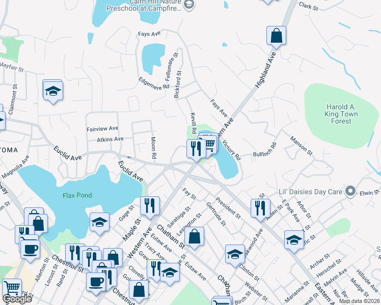 map of restaurants, bars, coffee shops, grocery stores, and more near 54 Linton Road in Lynn